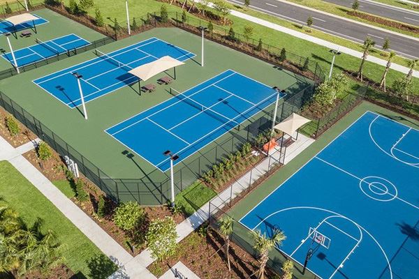 Aerial view of the sports courts amenity at the Waterset Club.